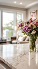 Brightly lit kitchen island showcasing a vase of mixed pink and white flowers, with a blurred living area and large window in the background