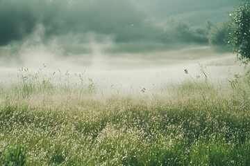 Mist rising from dewy grass after a summer rain