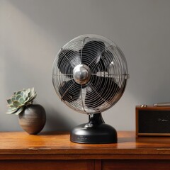 Vintage-style desk fan with chrome blades and black base, sits on a wood surface beside a succulent and a small wooden box