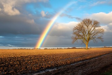 Rainbow over fields after an afternoon thunderstorm