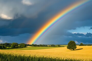 Rainbow over fields after afternoon thunderstorm