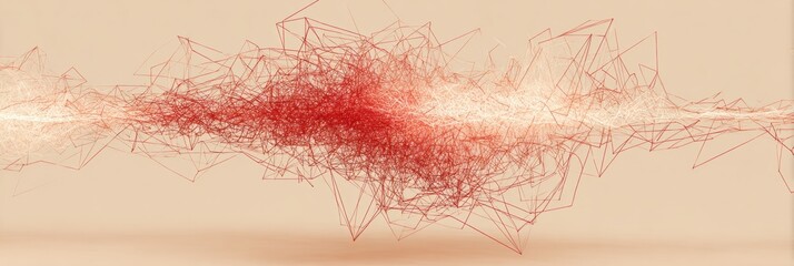 Red Heartbeat Line Transforms Into Chaotic Tangle Against Soft Beige Background in Modern Abstract Design