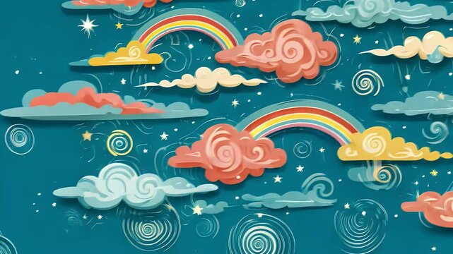Colorful clouds and rainbows create a whimsical and cheerful sky design.