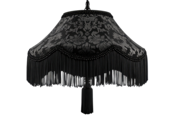 Vintage Elegant black lampshade with fringe and baroque pattern detailing for vintage interior decor on isolated on transparent png