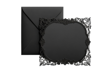 Vintage Elegant black lace invitation with matching envelope for formal events isolated on transparent png
