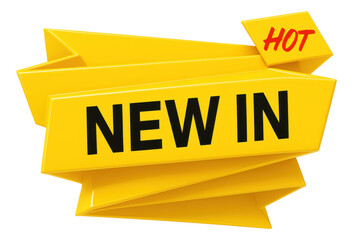 Glossy yellow origami-style banner with NEW IN and HOT text, vibrant retail promotion sticker on transparent background.