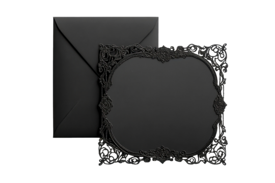 Vintage Elegant black lace invitation with matching envelope for formal events isolated on transparent png