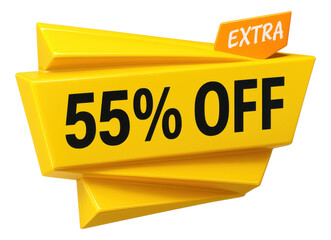 Yellow layered banner with 55% OFF EXTRA in bold text, glossy retail discount promo on transparent background.