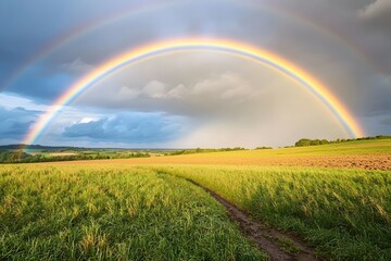 Rainbow over fields after afternoon thunderstorm