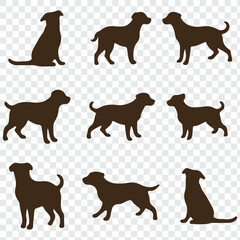 Dogs in different poses, both sitting and standing, created in silhouette style. 