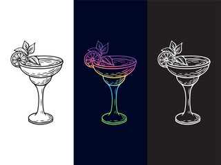 Tropical cocktail line art in three styles – black, white, and rainbow gradient.