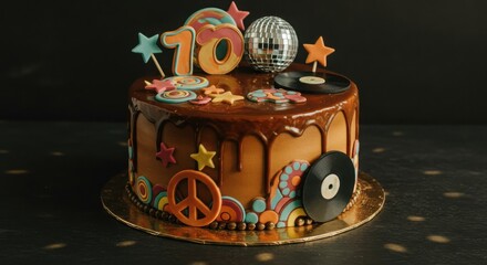 A 70th birthday cake decorated with a disco ball and vintage vinyl records