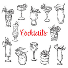Line drawing illustration of cocktail drinks. Engraving collection. Black hand drawing set of cocktail drinks in vintage style isolated on white background.