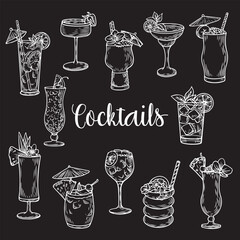 Line drawing illustration of cocktail drinks. Engraving collection. White hand drawing set of cocktail drinks in vintage style isolated on black background.