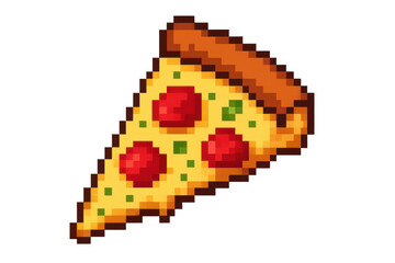 Obraz premium Pixelated pepperoni pizza slice with melted cheese and herbs on transparent background, perfect for projects related to food, gaming, or retro design