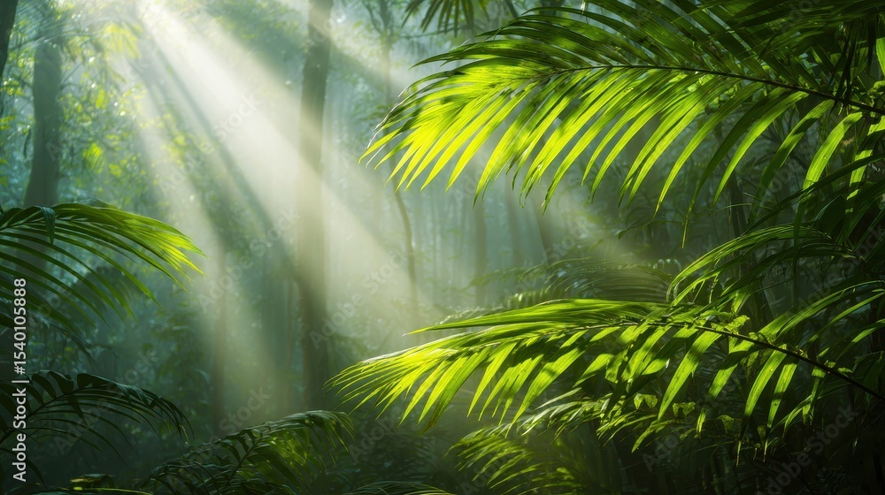 Poster sunlight filtering through dense jungle foliage, creating a serene atmosphere in nature