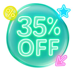 Green bubble sticker with 35% OFF in neon design, vibrant discount promo offer on transparent background.