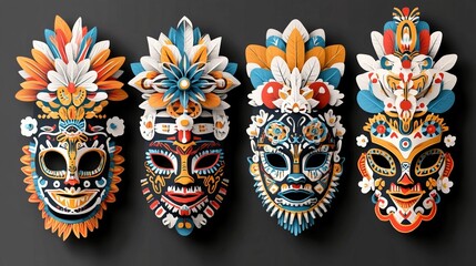 Naklejka premium Vibrant Tribal Masks: Colorful Paper Art
