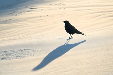 Bird's shadow cast on empty sand beach