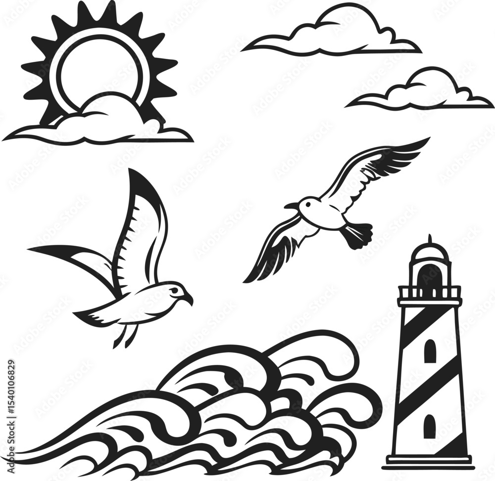 Poster here's a single sentence for naming an image combining your elements: lighthouse and sea with birds 