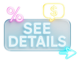 Glossy blue rectangular sticker with SEE DETAILS in neon style, vibrant promo offer on transparent background.