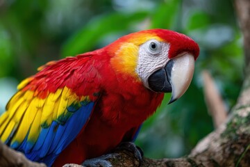 Fototapeta premium Colorful macaw perched on a branch in a lush tropical environment during daylight hours