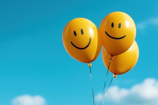 Bright yellow balloons with smiley faces floating against a clear blue sky on a sunny day evoke joy and happiness