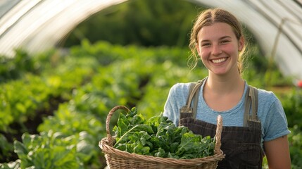 A smiling woman holding a basket of fresh greens in a greenhouse setting.