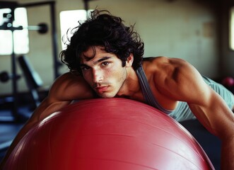 Focused man exercising on a stability ball in a gym setting.