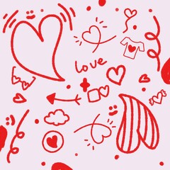 Red love doodle pattern with hand drawn hearts and cute elements