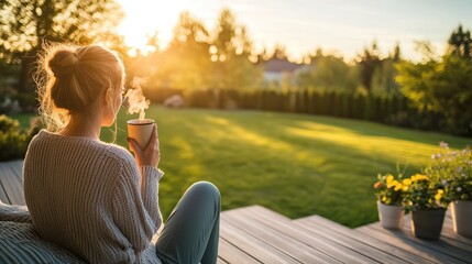A woman enjoys a warm drink on a sunny patio, surrounded by greenery and flowers.