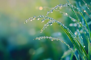 Raindrops clinging to delicate wild grass in the morning