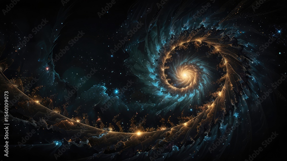 Poster dark background artwork featuring galactic‑style ai light pattern in fractal spiral