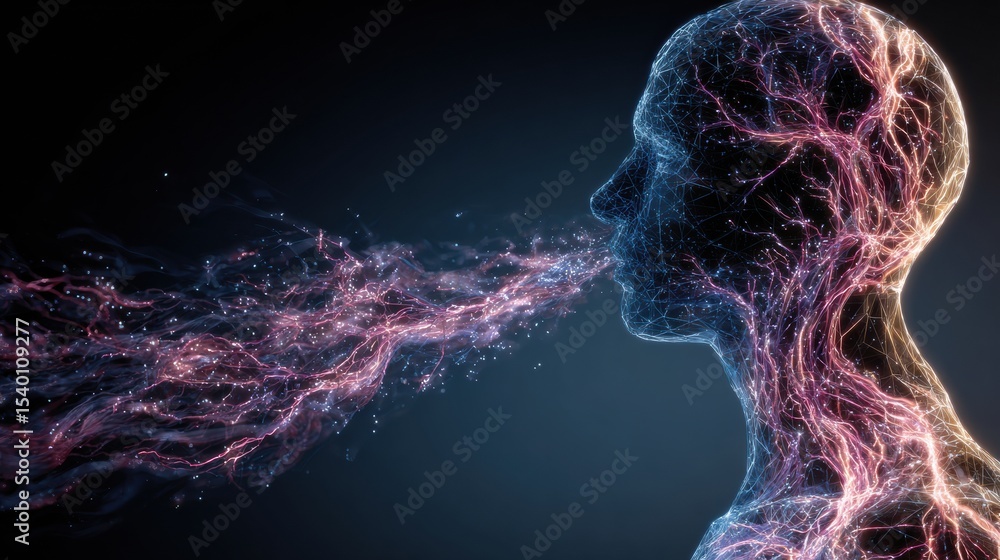 Aufkleber exhaling energy with glowing nerves transitioning into tranquility in a calm environment