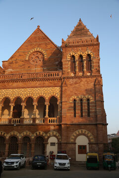 BHUJ, INDIA &ndash; JANUARY 2, 2025: Prag Mahal Palace, historical building in Bhuj city, Gujarat, India. Beautiful architecture, landmark, monument, sight. Italian Gothic style. Facade of Prag Mahal