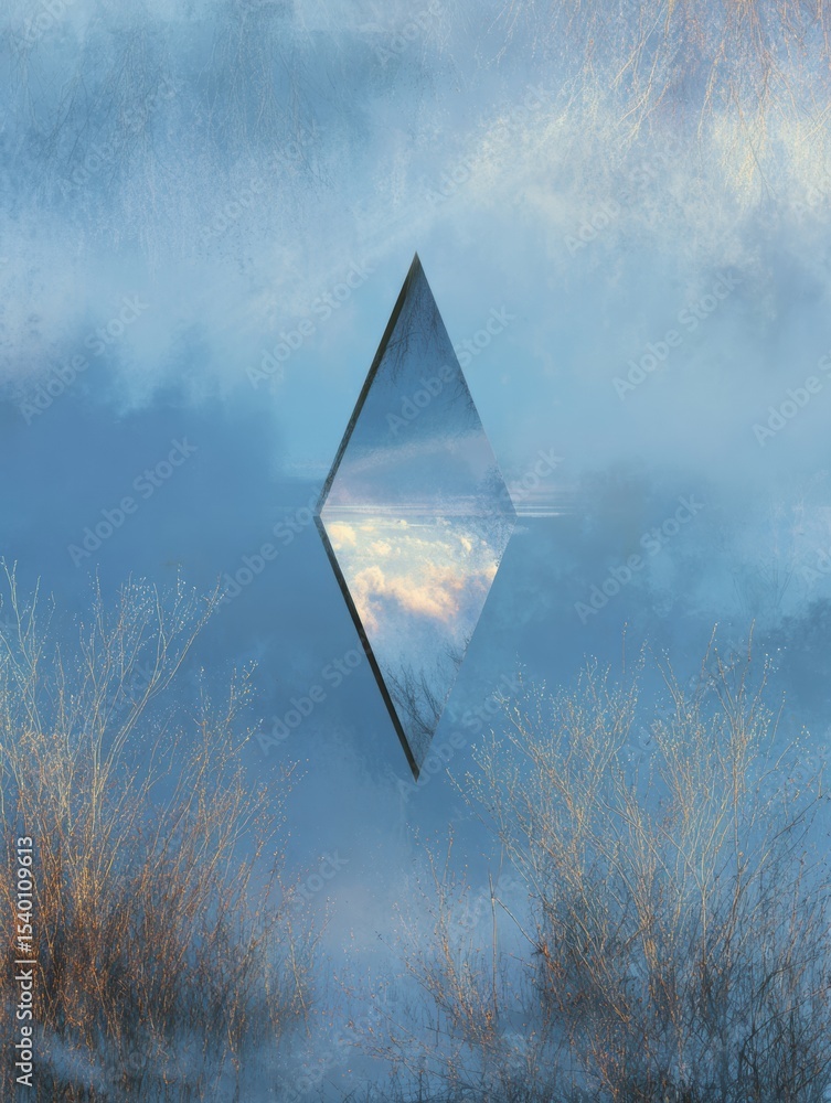 Poster Self-reflection in a Tranquil Abstract Field With a Floating Mirror Capturing Serene Surroundings