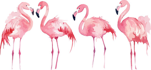 Obraz premium Watercolor Illustration of Four Pink Flamingos Standing Together Perfect for Summer Designs Tropical Themes and Artistic Projects with a Touch of Elegance and Whimsy