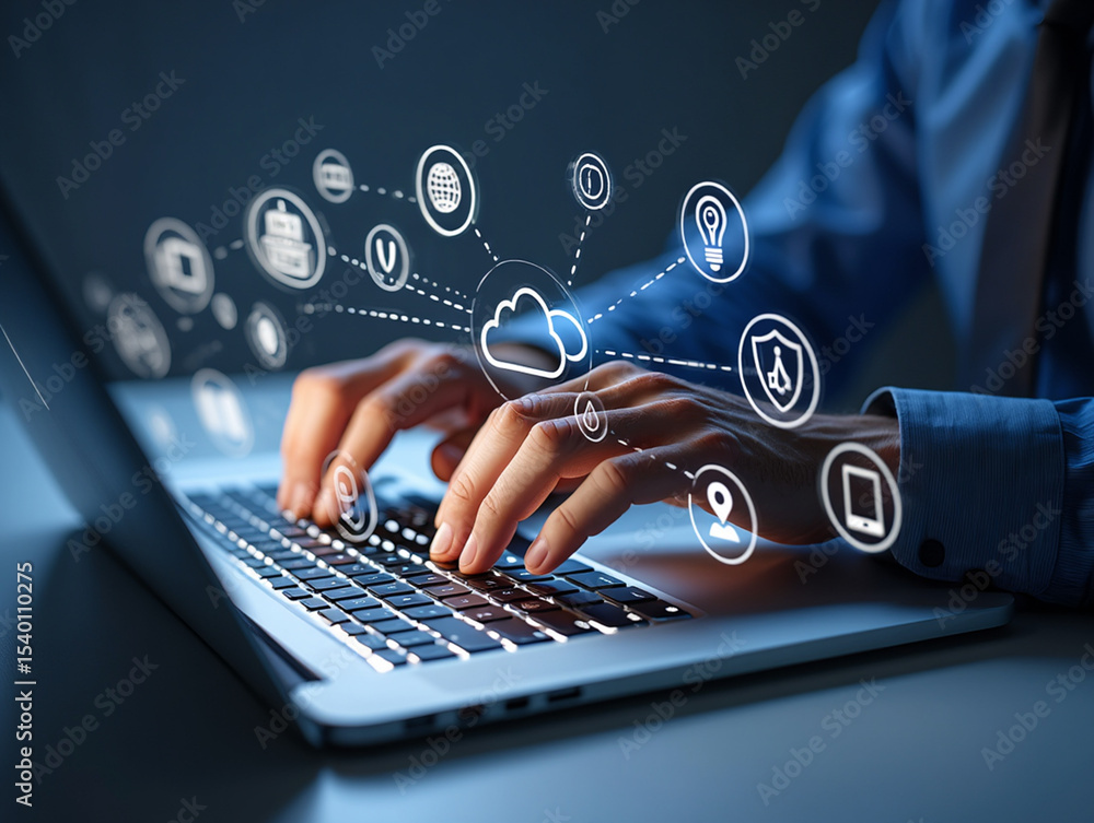 Poster man using laptop with cloud computing and data network icons