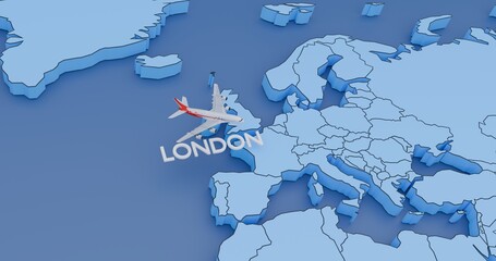 England, London, abstract illustration of a map with an airplane, the concept of air travel