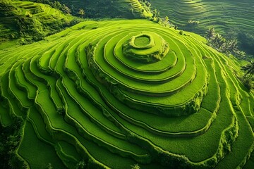 Aerial view of circular rice fields in a lush green valley