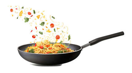 Cooking Italian pasta with vegetables flying over a hot frying pan
