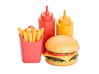 3D Fast food combo with Hamburger, French fries and sauce bottles. American street meal. Ketchup and mustard dip. Burger menu. Cartoon creative design icon isolated on white background. 3D Rendering