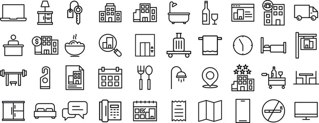 Hotel and Hospitality Line Icons set – Booking, Amenities, Room Service, and Travel Accommodation Symbols
