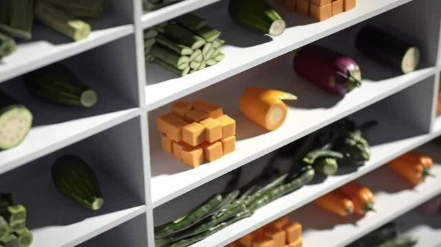Creative Display Of Varied Freshly Cut Vegetables Arranged On Shelves