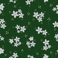 White floral seamless vector pattern on rich green background elegant nature-inspired repeat design for print, textile, and surface decoration.