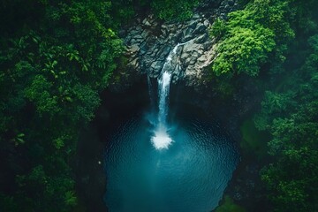 Waterfall cascading into hidden jungle pool from aerial perspective