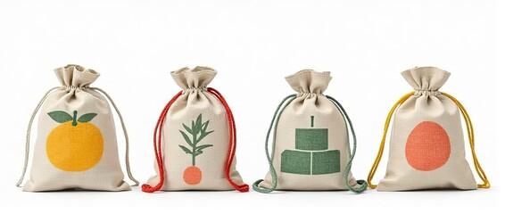 Four Drawstring Bags with Varied Cord Colors, Simple Designs, and Diverse Clipart Styles for Shopping, Travel, and School Use.