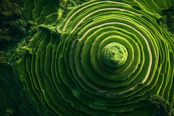 Aerial view of lush, circular rice fields in a verdant valley