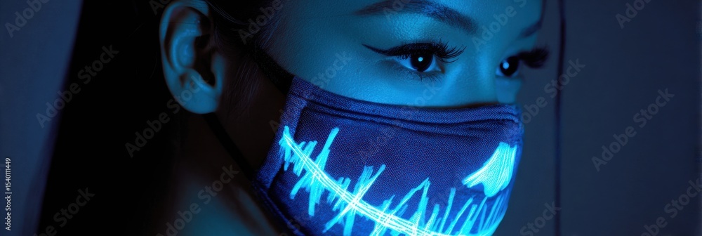 Poster screaming shadow emerges behind a calm face mask with a glowing left side highlighting an eerie cont