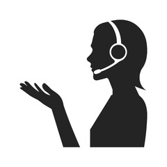 Silhouette of a woman in profile wearing headphones, with her head and hair clearly visible, illustrating the beauty of a person immersed in sound call center agent with headset silhouette icon